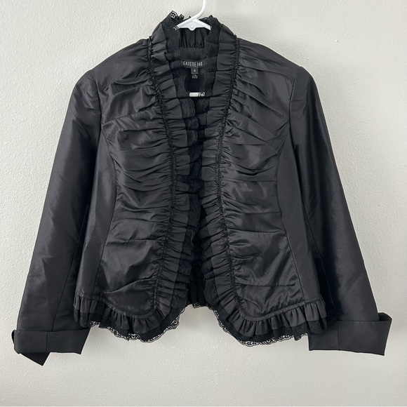 Lafayette 148 New York Jackets & Blazers - VTG Lafayette 148 Black 100% Silk Ruched Ruffle Lace Trim Jacket Blazer Womens 4